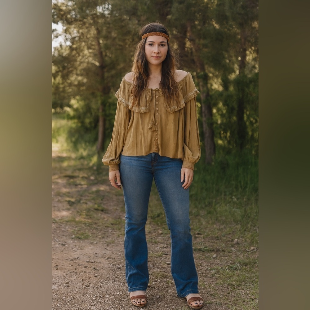 EUC Free People Oversized Olive Button-Front Peasant Blouse Sz S